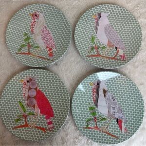 West Elm Set Of 4 Green Melamine Bird Salad Appetizers Plates 9” BOHO